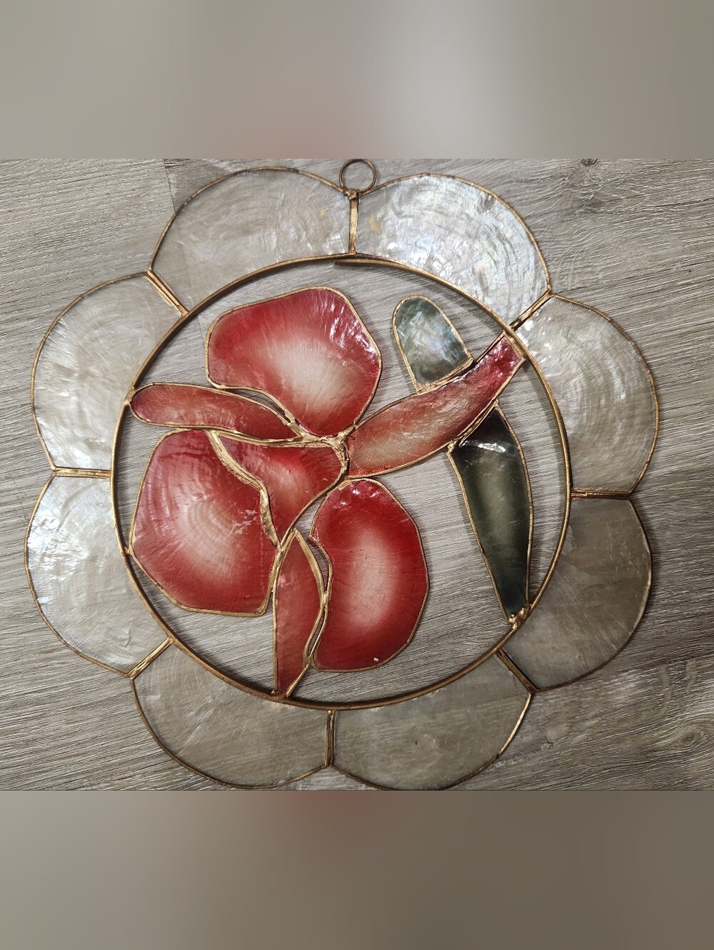 Vintage Floral Capriz Shell Brass Suncatcher 10"